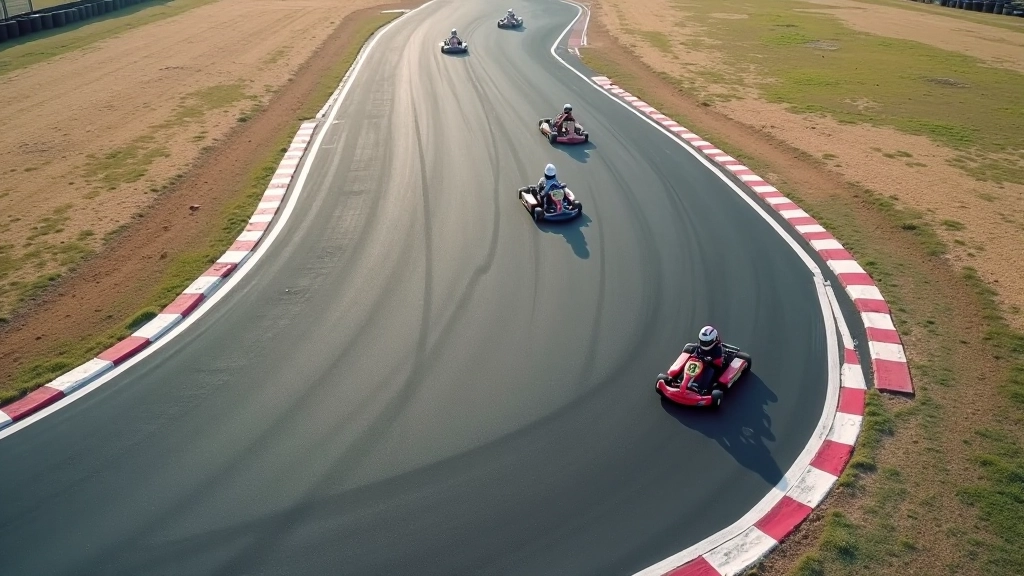 منظر علوي لمسار سباق كارتينغ يظهر الخطوط والمنحنيات والخط الأسرع